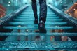 © ZethX - A person wearing formal shoes ascending a glass staircase, representing progress and ambition in a modern architectural setting.
