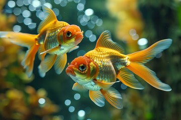 Wall Mural - Two goldfish swimming peacefully in an aquarium