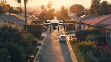 A dynamic shot of a delivery drone carrying a package with a brand logo flying over a suburban neighborhood futuristic and efficient vibe technology and innovation theme aerial photography captured