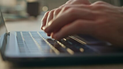 Wall Mural - Man hands typing laptop keyboard searching internet in office desk close up. 
