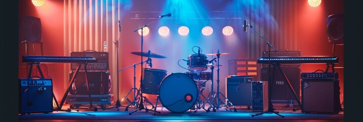 Leinwandbilder - A stage filled with countless bright lights, illuminating the space where musical instruments and microphones are set up, ready for a performance to begin. Generative AI