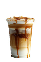 A cup of coffee with caramel drizzle on top. The cup is sitting on a white background isolated transparent background