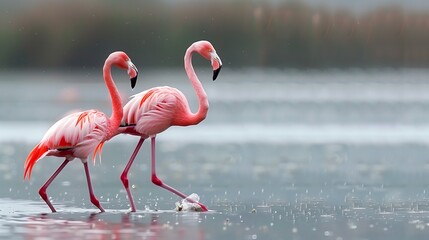 Wall Mural - ai generated illustration of flamingos gracefully dancing in shallow water