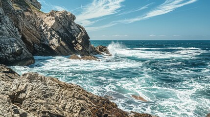 Poster - Rocky cliffs contrasted by a turbulent sea and clear skies