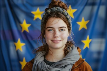 A close-up image of a youthful voter in front of the EU symbol.