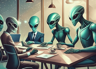 Aliens in a business meeting