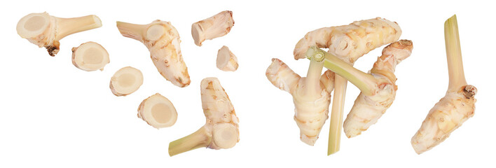Wall Mural - Fresh galangal root with slices isolated on white background . Top view with copy space for your text. Flat lay