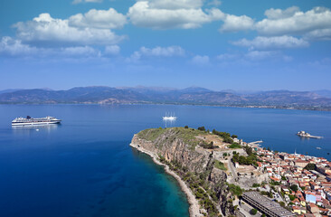 Sticker - Acronafplia castle and Bourtzi water fortress aerial view, Nafplio, Peloponnese, Greece