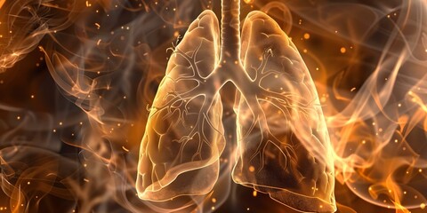 Poster - Closeup of a human lung with pneumonia illustrating the impact of the disease on the bodys recovery process. Concept Human Lung, Pneumonia, Disease Impact, Recovery Process, Medical Illustration