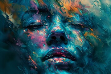 Sticker - Vibrant and surreal abstract woman portrait with vivid and modern digital painting, showcasing creativity and expression in a colorful and imaginative fantasy