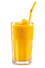 Wall Mural - A glass of orange juice with a straw in it. The glass is half full and the straw is sticking out of the top isolated transparent background