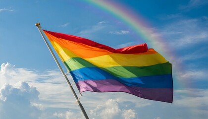 Wall Mural - lgbt flag on a background of blue sky with a rainbow