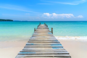 Wooden pier on white sand beach with turquoise sea in tropical island