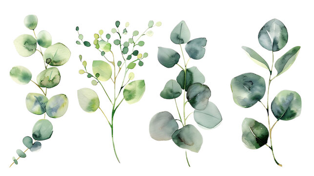 Watercolor leaves branch set. Hand painted eucalyptus elements isolated on transparent background. Artistic clip art
