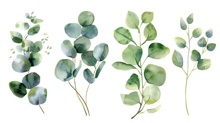 Watercolor leaves branch set. Hand painted eucalyptus elements isolated on transparent background. Artistic clip art