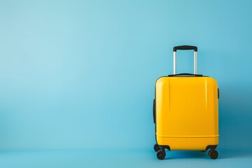 Yellow Suitcase on Pastel Blue Background, Travel Concept