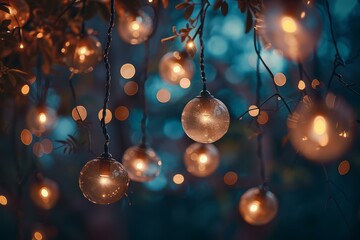 Poster - Magical glowing lights suspended on tree branches at dusk, creating a dreamy atmosphere