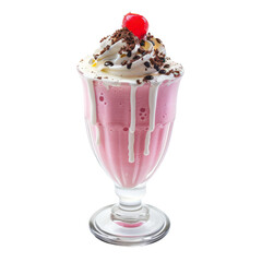 Wall Mural - Delicious strawberry milkshake with whipped cream and cherry transparent background