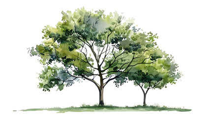Watercolor green tree illustration isolated on transparent background for landscape and architecture drawing. Elements for environment and garden, botanical for section in spring. 