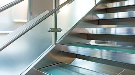Wall Mural - a contemporary staircase with a sleek, stainless steel handrail and steps that feature a subtle, fro