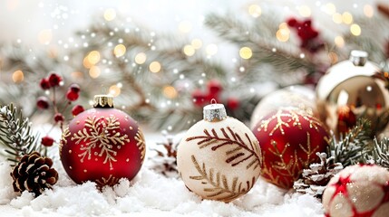 Wall Mural - Christmas white background with christmas balls and decoration. The elegant ornaments add a touch of sophistication to your holiday decor.