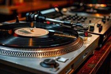 Wall Mural - Closeup of a spinning vinyl record on a classic dj turntable with nightclub lighting