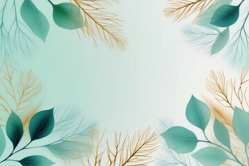 Artistic background with leaves wallpaper for banner design, and poster fall leaves in cool mint, seafoam green and gold colors.