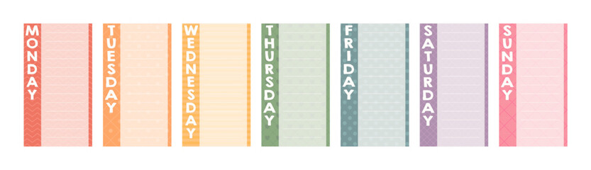 Daily planner page template set, days of the week layout vector collection