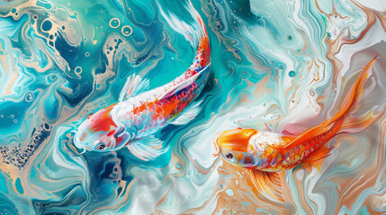 Wall Mural - Abstract fluid expression koi fish swimming in water, Asian feng shui illustration, Aesthetics colorful nature inspirational tenderness illustration, oil paint, Wall decoration photo, Generated AI.