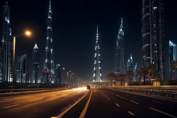 Wall Mural - Urban view on night Dubai city highway with cars and street lamps blurred light. Defocused lights, style color tone, design concept. Abstract stylish backgrounds. Copy text space, wallpaper, poster