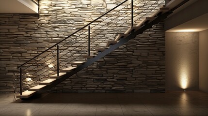 Wall Mural - a contemporary staircase with a minimalist, wire-frame railing and a dramatic, uplit stone wall