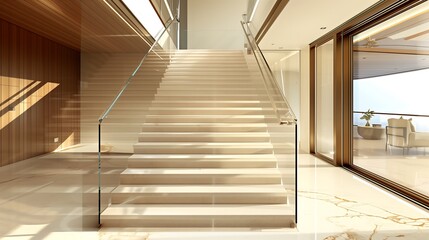 Wall Mural - a sophisticated staircase with a seamless glass balustrade and warm wood tones