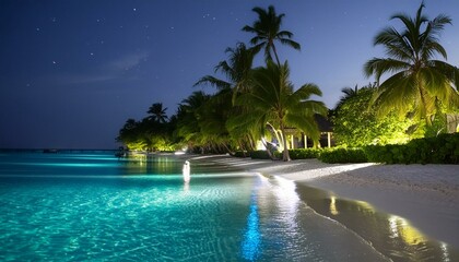 Wall Mural - Beautiful night view of a tropical beach in the Maldives, Bioluminescence, Night beach scene in the Maldives with bioluminescent plankton illuminating the waterline