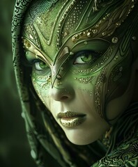 AI generated illustration of an extraterrestrial female in green and gold attire with headpiece