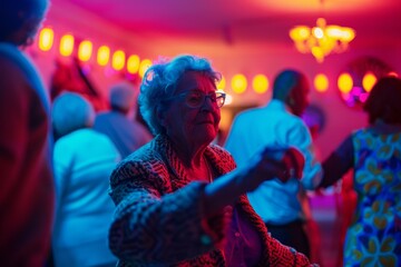 Elderly lady in glasses dances joyfully at a vibrant party with colorful lighting