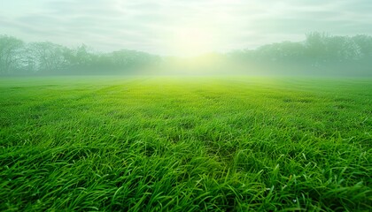 Wall Mural - Panoramic Spring Background, Early Morning Light Fog Enhances Beautiful Natural Landscape with Fresh Cut Grass Lawn. Summer Serenity Scene. Meadow Morning Bliss, Tranquil Spring Scenery, Greenery