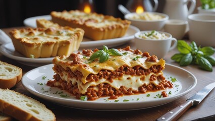 Wall Mural - Indulgent Italian lasagna with rich meat sauce, creamy béchamel, and melted cheese layers, topped with fresh basil and served with garlic bread in a cozy rustic dining setting.