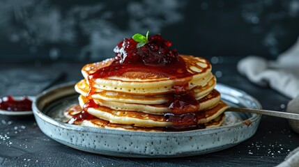Wall Mural - Freshly made pancakes topped with tasty jam displayed on a ceramic dish against a dark concrete backdrop
