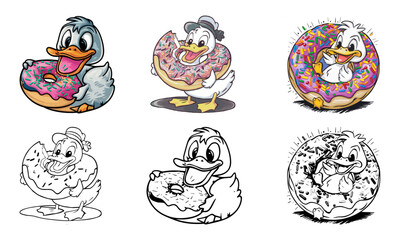 Set of playful duck with donut vector illustration