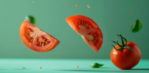 cherry tomato slice levitating on green background