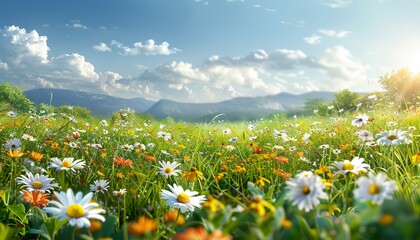 Wall Mural - Natural summer panorama of beautiful meadow flowers and daisies in the grass, picturesque spring landscape. Serene countryside scene with vibrant blooms. Meadow flowers, daisies, summer panorama.