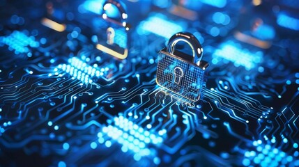 Poster - A metal lock is securely fastened on top of a computer circuit board, symbolizing data security and protection.