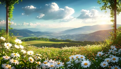 Wall Mural - Blooming field of daisies in the grass, beautiful spring and summer natural landscape in the hilly countryside. scenic countryside landscape, vibrant summer flowers, picturesque daisy field.