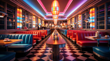 A retro-style diner with pink and blue neon lighting, checkered floor, and red and blue vinyl booths.

