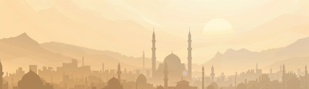 Vector banner background of a picturesque Arabian cityscape at dawn