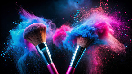 Wall Mural - The two-bristle, bright pink and blue powder makeup brushes burst out of the brushes for a dynamic and colourful look. The bursts of colour give the impression of movement and energy.AI generated.