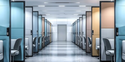 Wall Mural - Pastel-Colored Cubicles Facing Center Exit. Concept Office Design, Cubicle Layout, Pastel Colors, Worker Productivity, Center Exit Focus