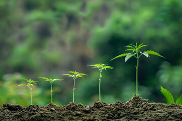 row of young cannabis plants at different growth stages planted in soil against a blurred green backdrop symbolizing new life