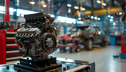 Wall Mural - car engine on table and car being repaired on lift on blurred ba