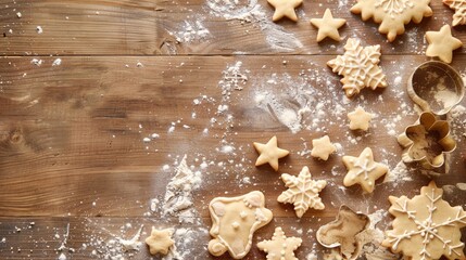 Baking Holiday Cookies Arrangement of Cookie Cutters and Dough on Wooden Surface